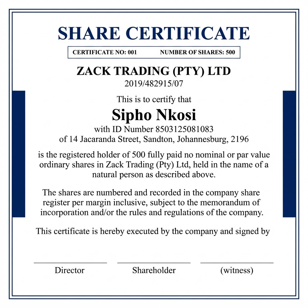 Sample share certificate using fictional details