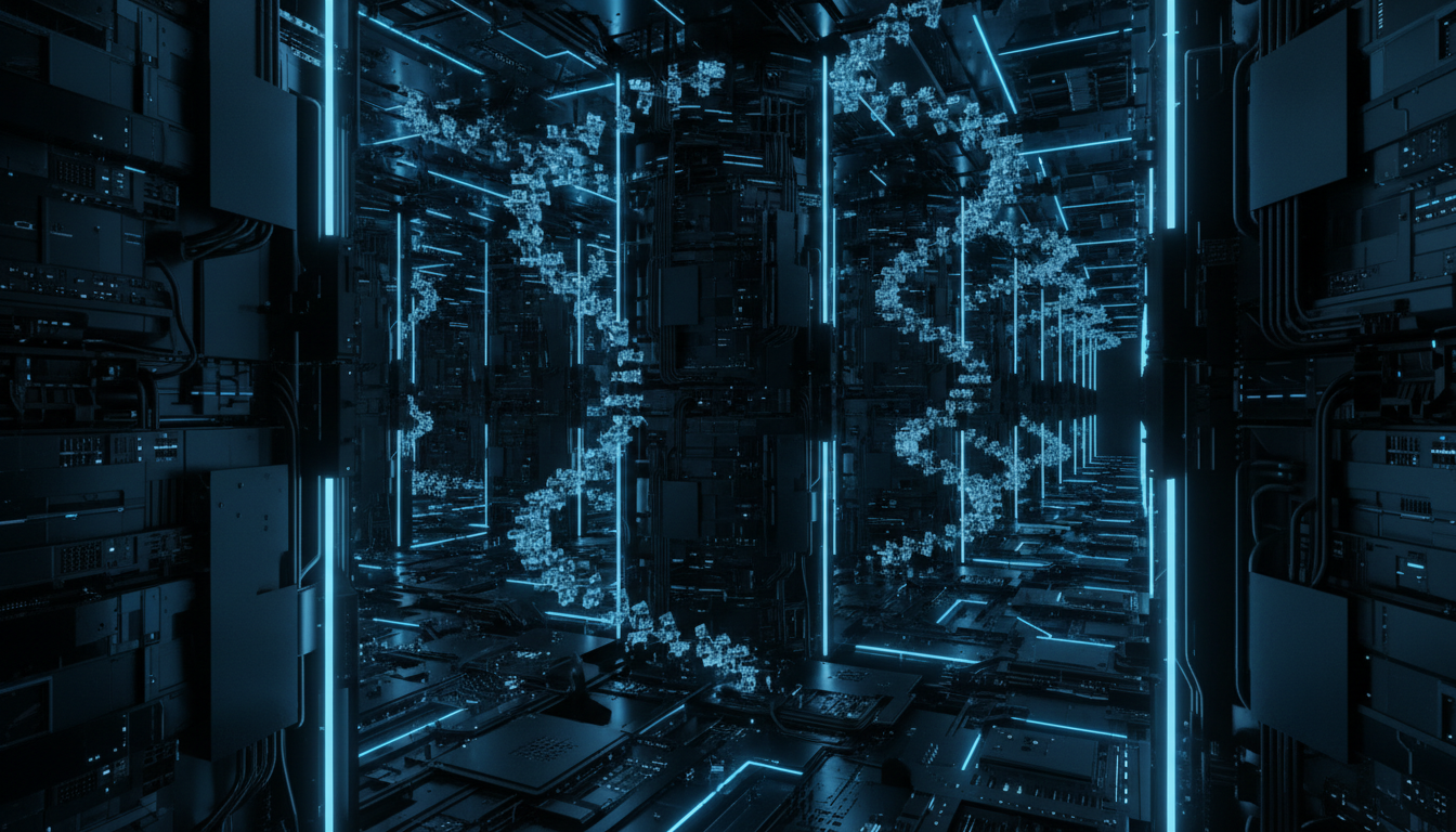 Abstract server architecture with blue neon lighting