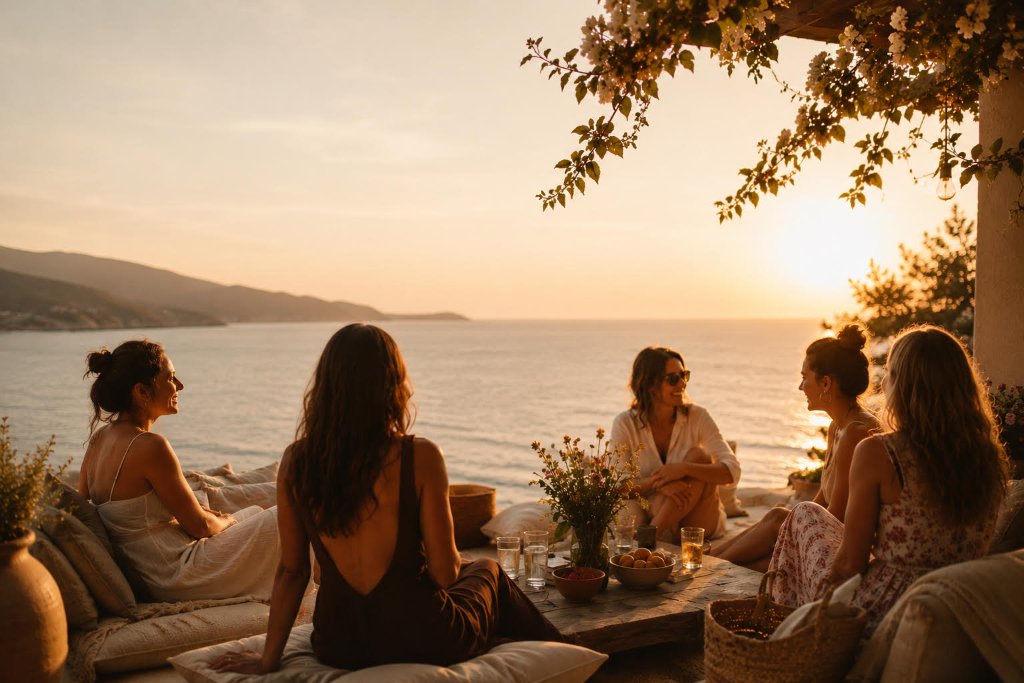Women gathered on a terrace at golden hour