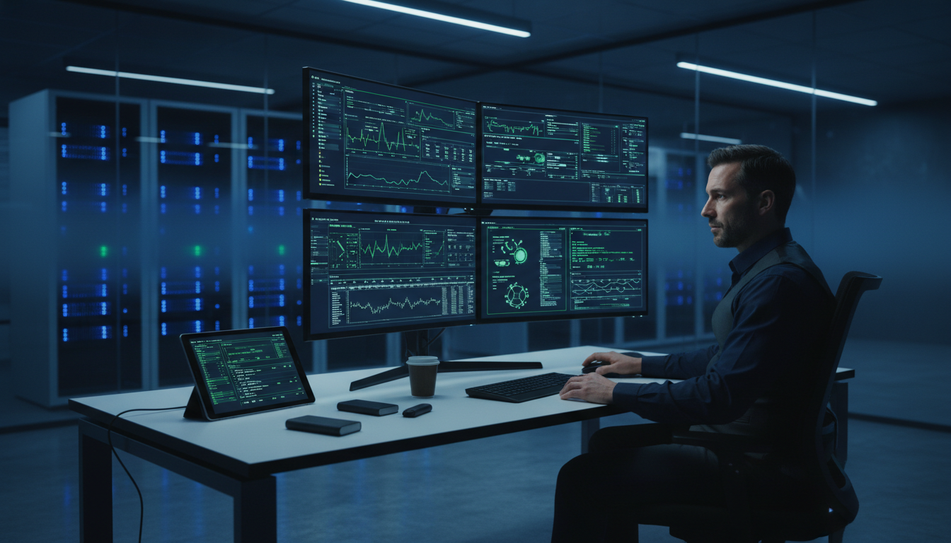 Profissional de TI da Netprime prestando suporte em computador