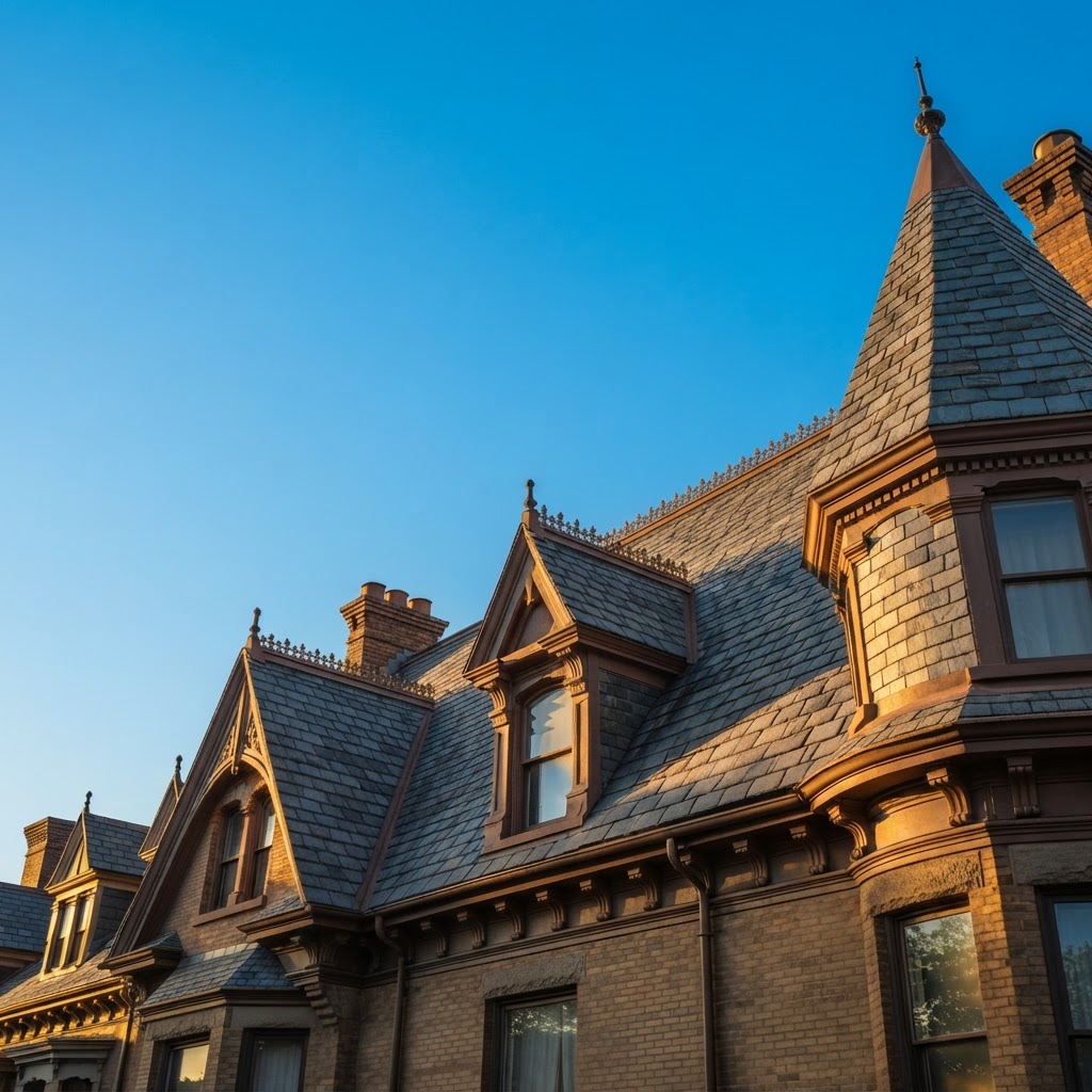 Historic Philadelphia roofscape with pristine new slate roof during golden hour