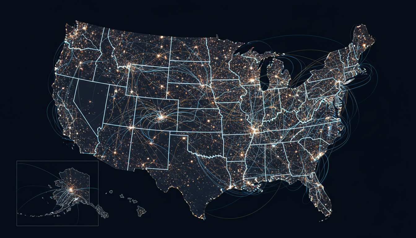Aerial view of the United States showing nationwide coverage network for vehicle manufacturer registration