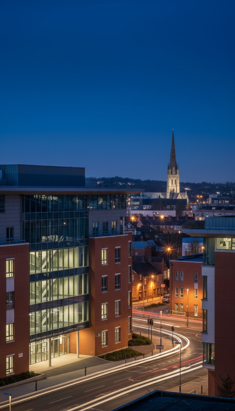 Coventry University campus at twilight
