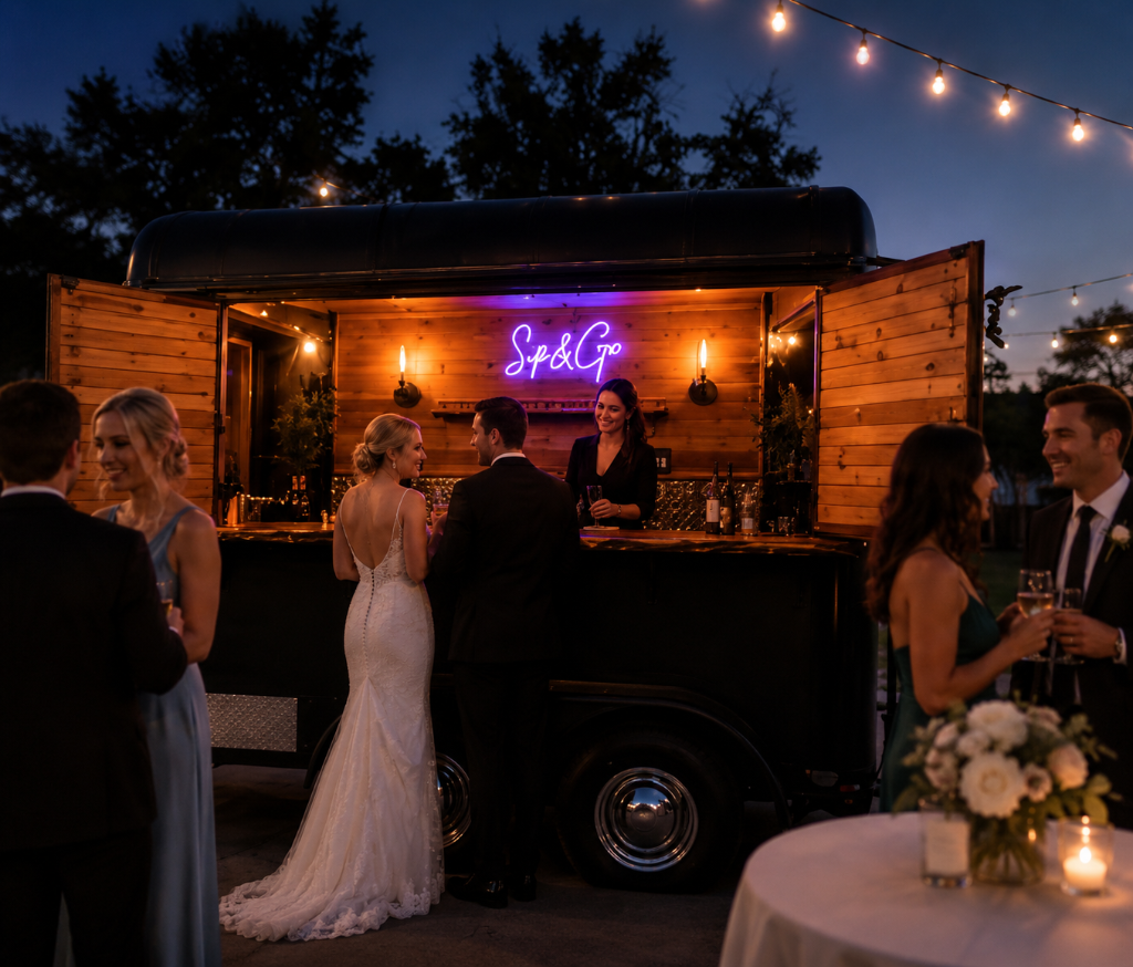 Romantic wedding reception with rustic mobile bar under oak trees at dusk