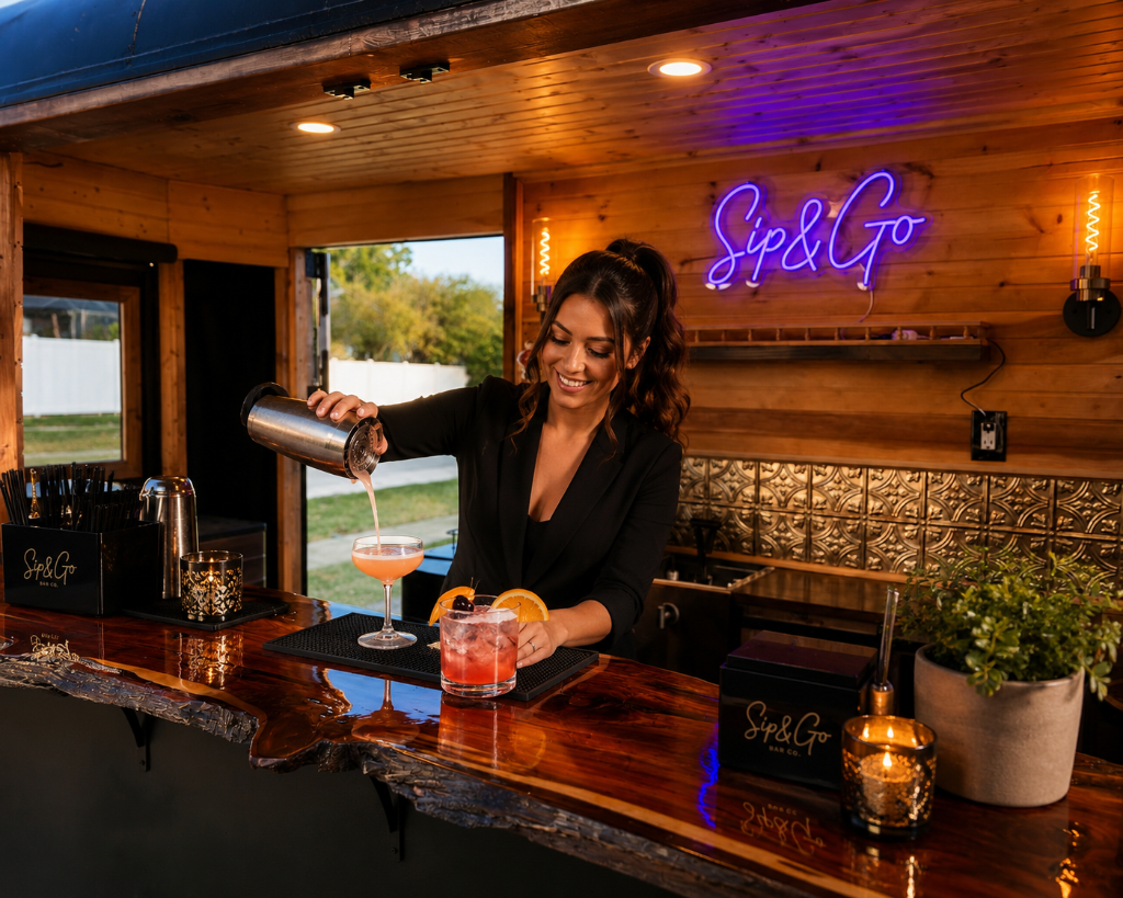 Romantic outdoor wedding reception with rustic mobile bar under oak trees