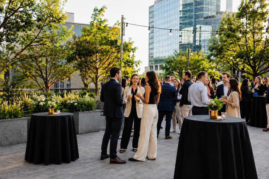 Elegant corporate event with rustic mobile bar at a Tampa Bay waterfront venue