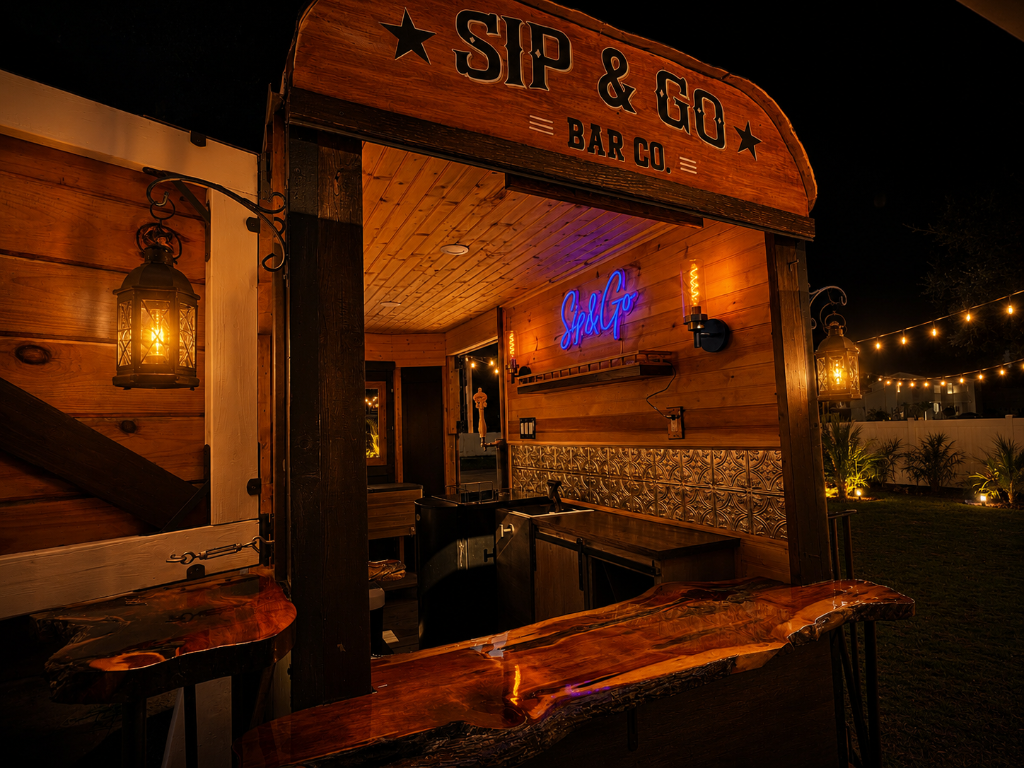 Sip & Go Bar Co. mobile bar lit up at night