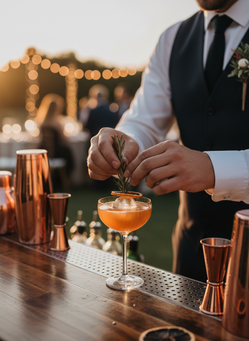 Bartender garnishing a craft cocktail with rosemary at a wedding