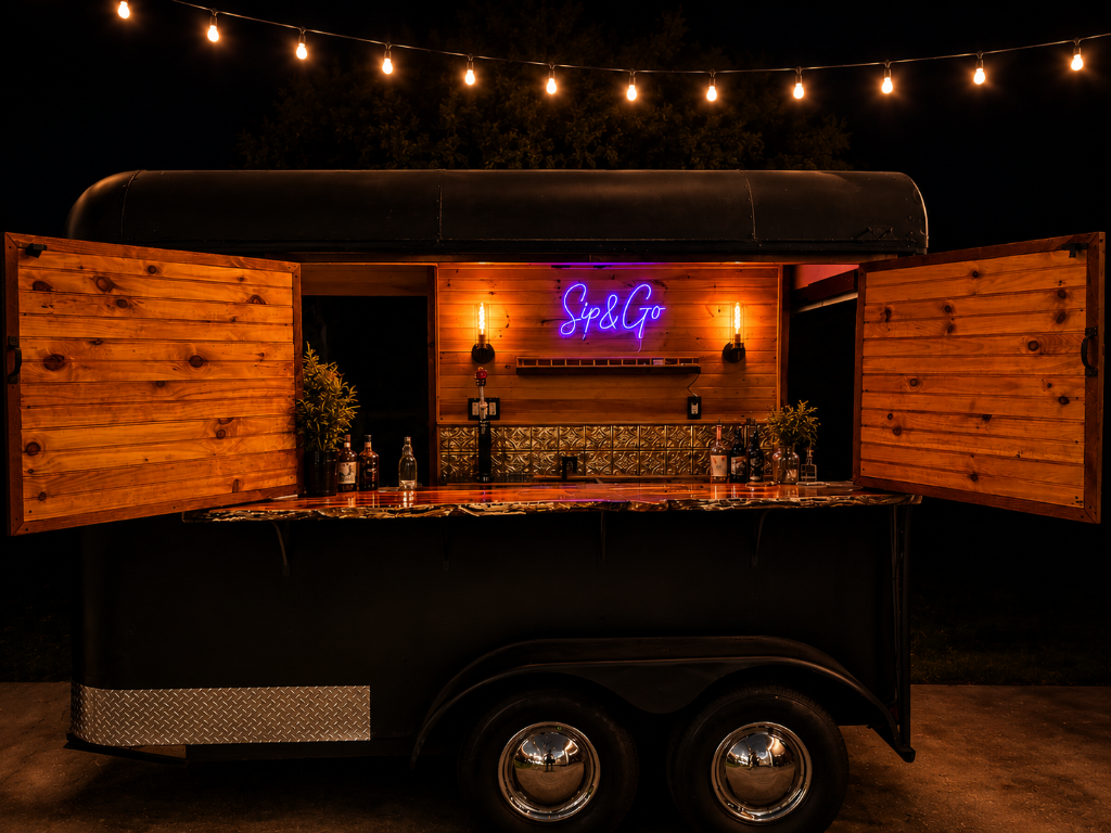 Luxury mobile bar setup at a Florida wedding venue at golden hour