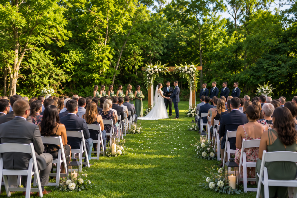 Outdoor wedding ceremony with flower-adorned arch on the Baladerry Inn lawn