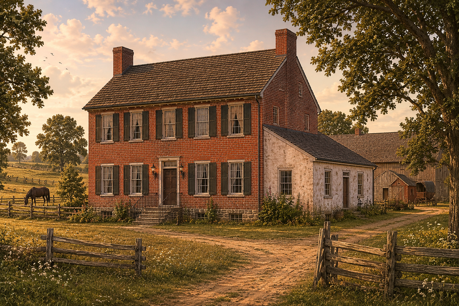 The 1812 Baladerry Inn farmhouse at golden hour