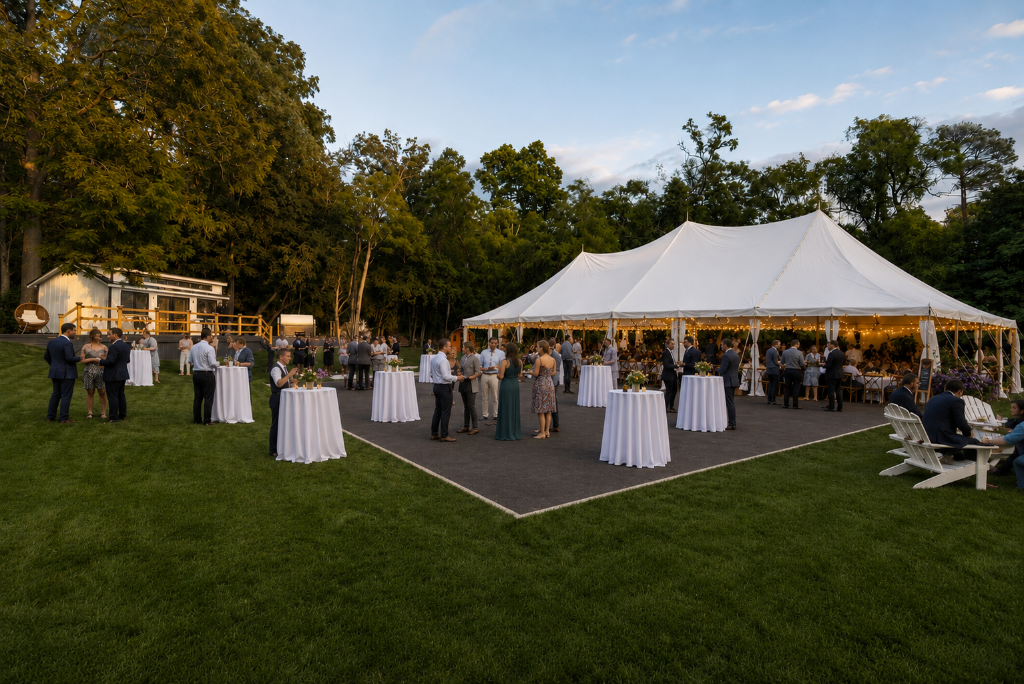 Evening cocktail reception under a glowing white tent at The Baladerry Inn