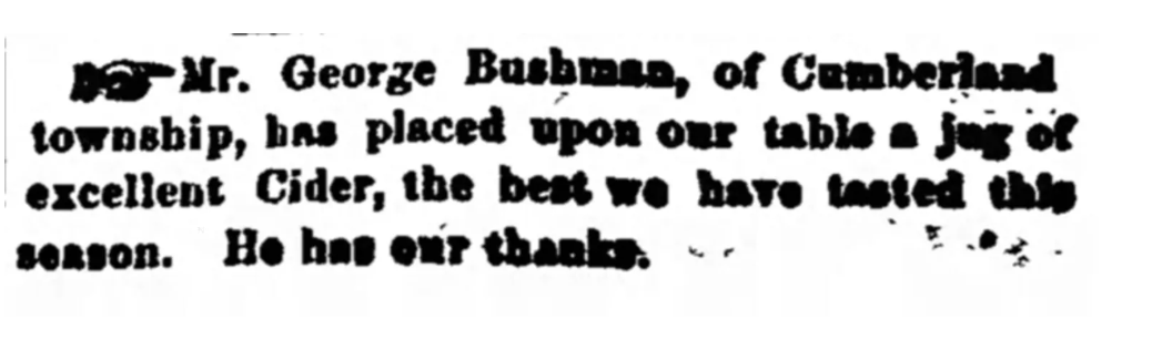 Newspaper note thanking George Bushman for a jug of cider