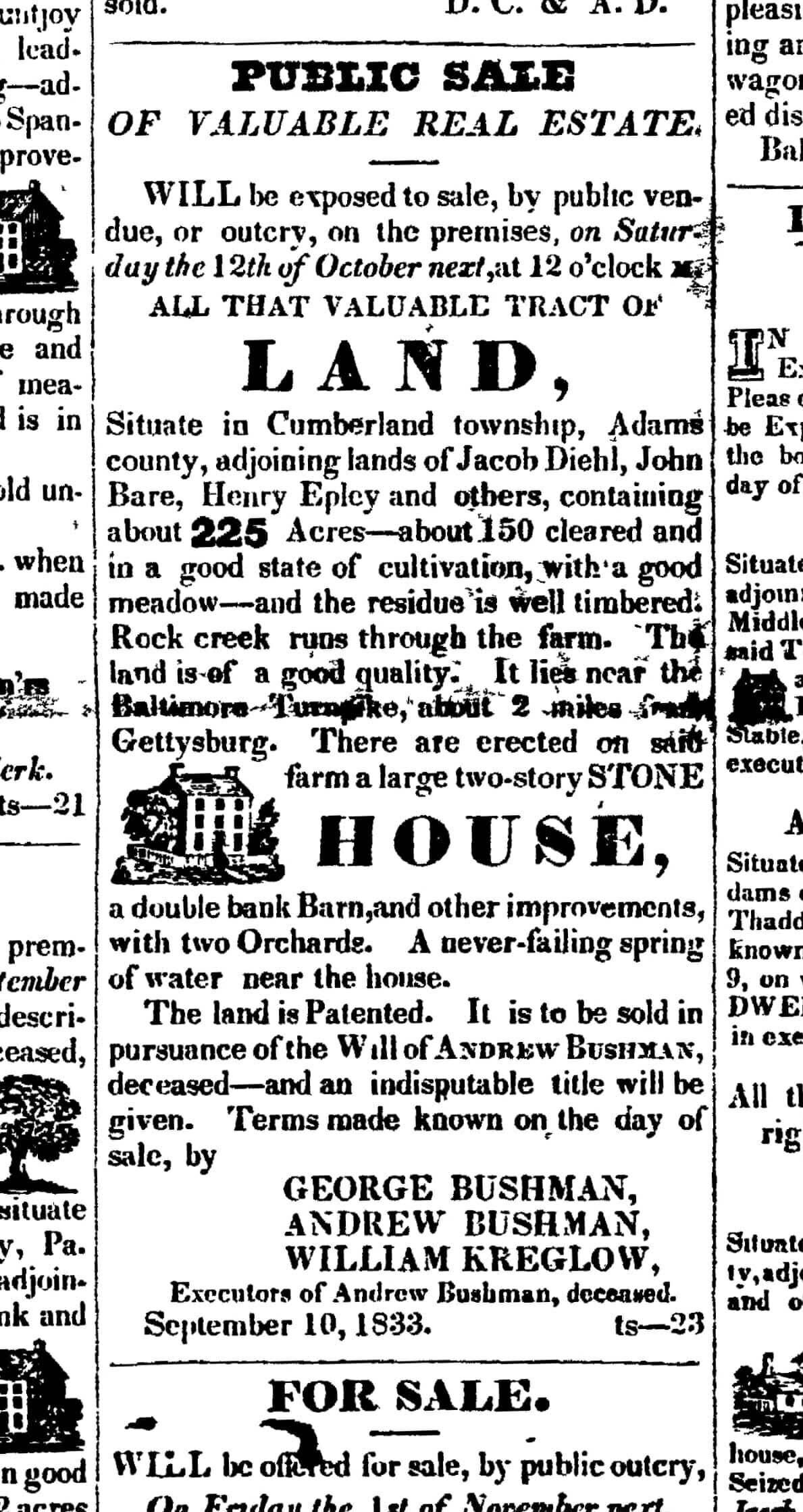 1833 public sale notice for the Bushman farm