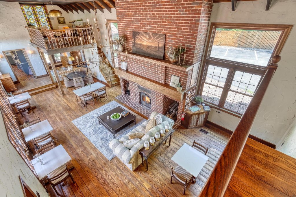 Great room seminar space with stone fireplace