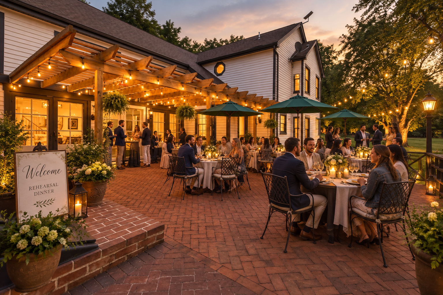 Evening rehearsal dinner on the patio at the Baladerry Inn