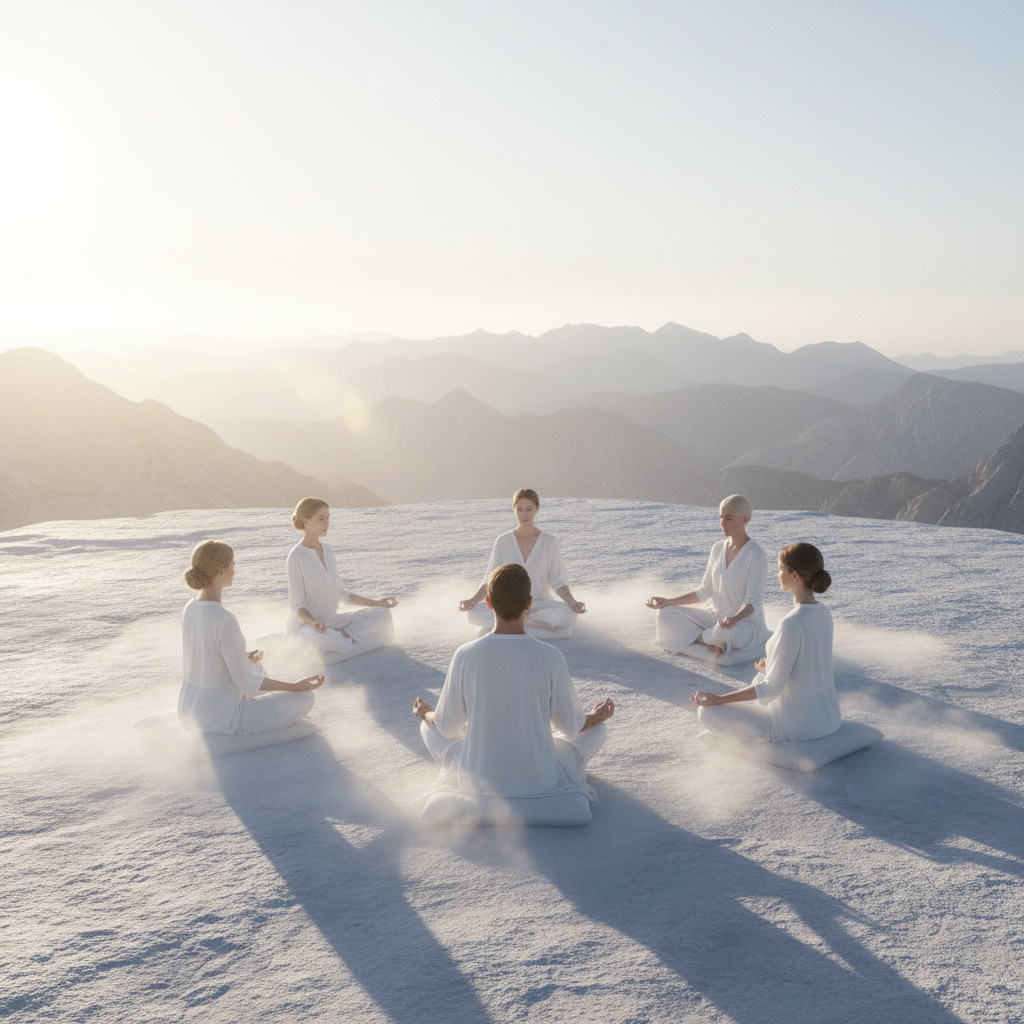 Serene sages meditating together on a mountain top at sunrise