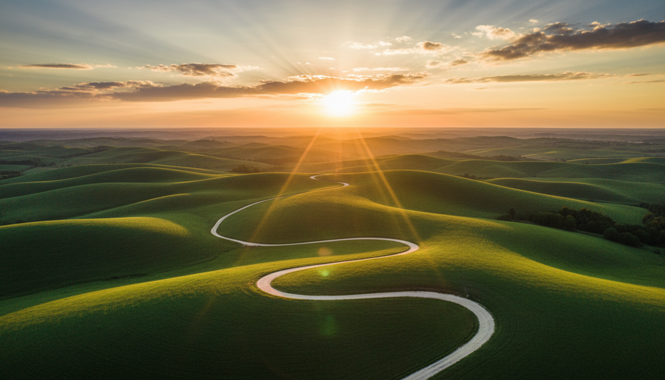 Radiant landscape path leading toward a golden sunrise on the horizon