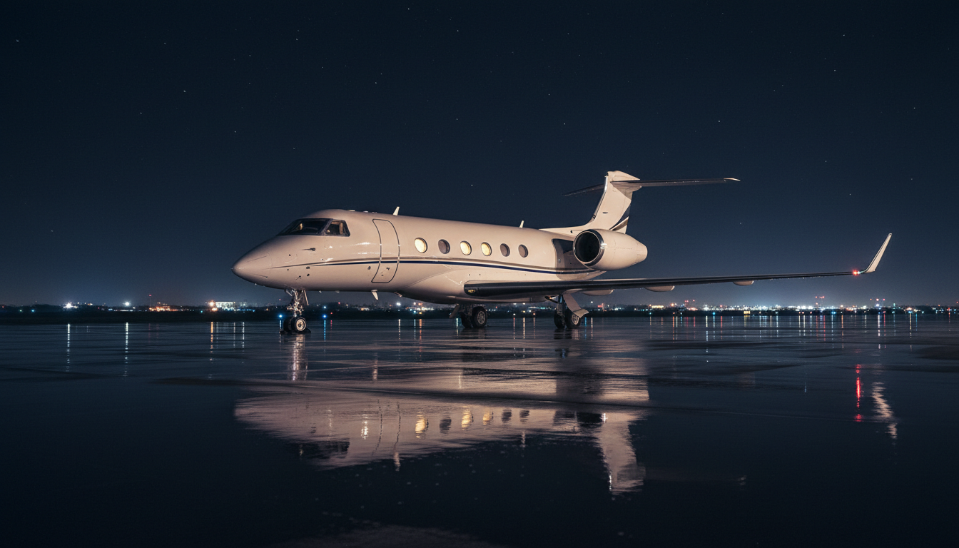 Private jet on wet tarmac