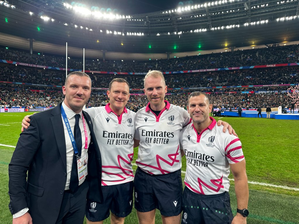 Tom Foley with officiating team at Rugby World Cup final 2023 in Paris - independent board advisor