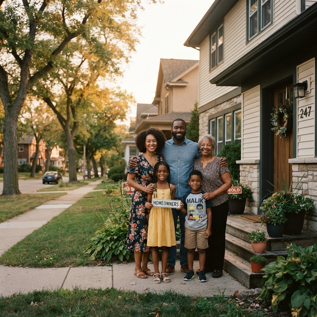 A family in front of their new home