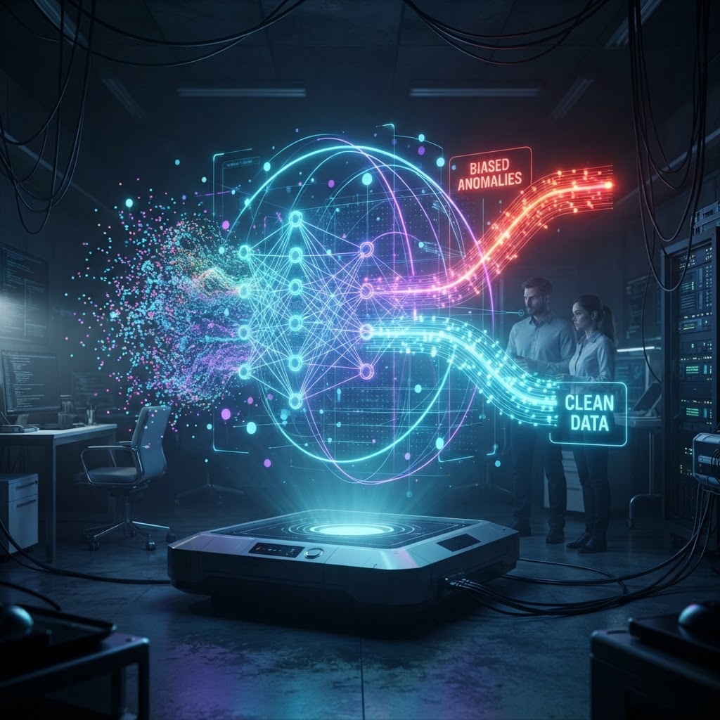 Holografische Datenvisualisierung, die systematische Datenfilterung und Bias-Korrektur in neuronalen Netzen zeigt.