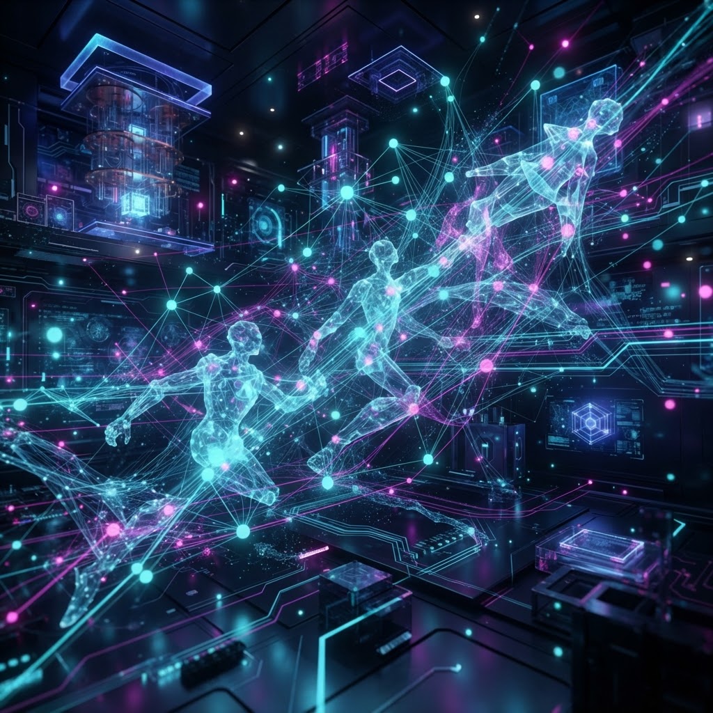 Abstrakte Darstellung von autonomen KI-Agenten und Quanten-Computing-Netzwerken der Jahre 2026 und 2027 im Dark Mode.