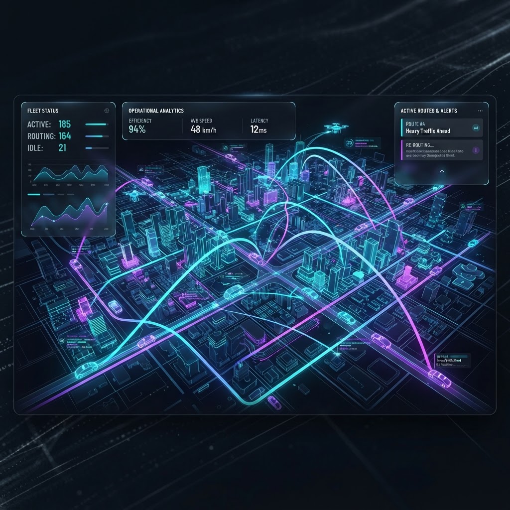 Digitaler Zwilling einer Fahrzeugflotte auf einer interaktiven, hochtechnologischen Echtzeit-Routing-Karte