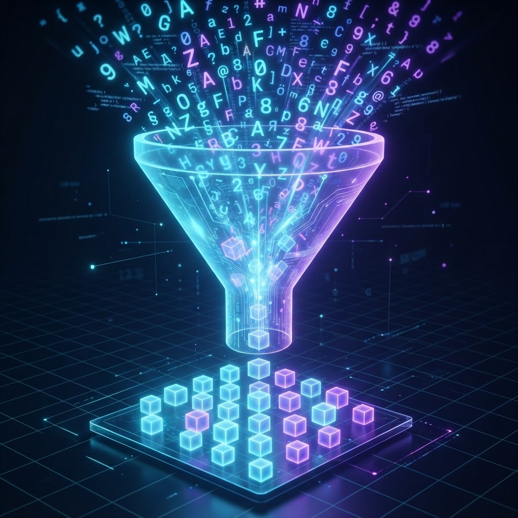 Visualisierung der Transformation von unstrukturierten Textdaten in streng strukturierte JSON-Formate.