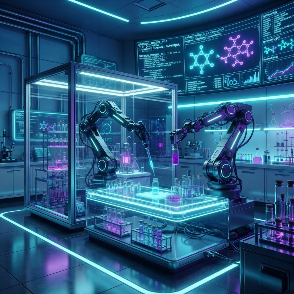 Automatisiertes Roboterlabor mit Roboterarmen, die chemische Synthesen für neue Materialien durchführen.