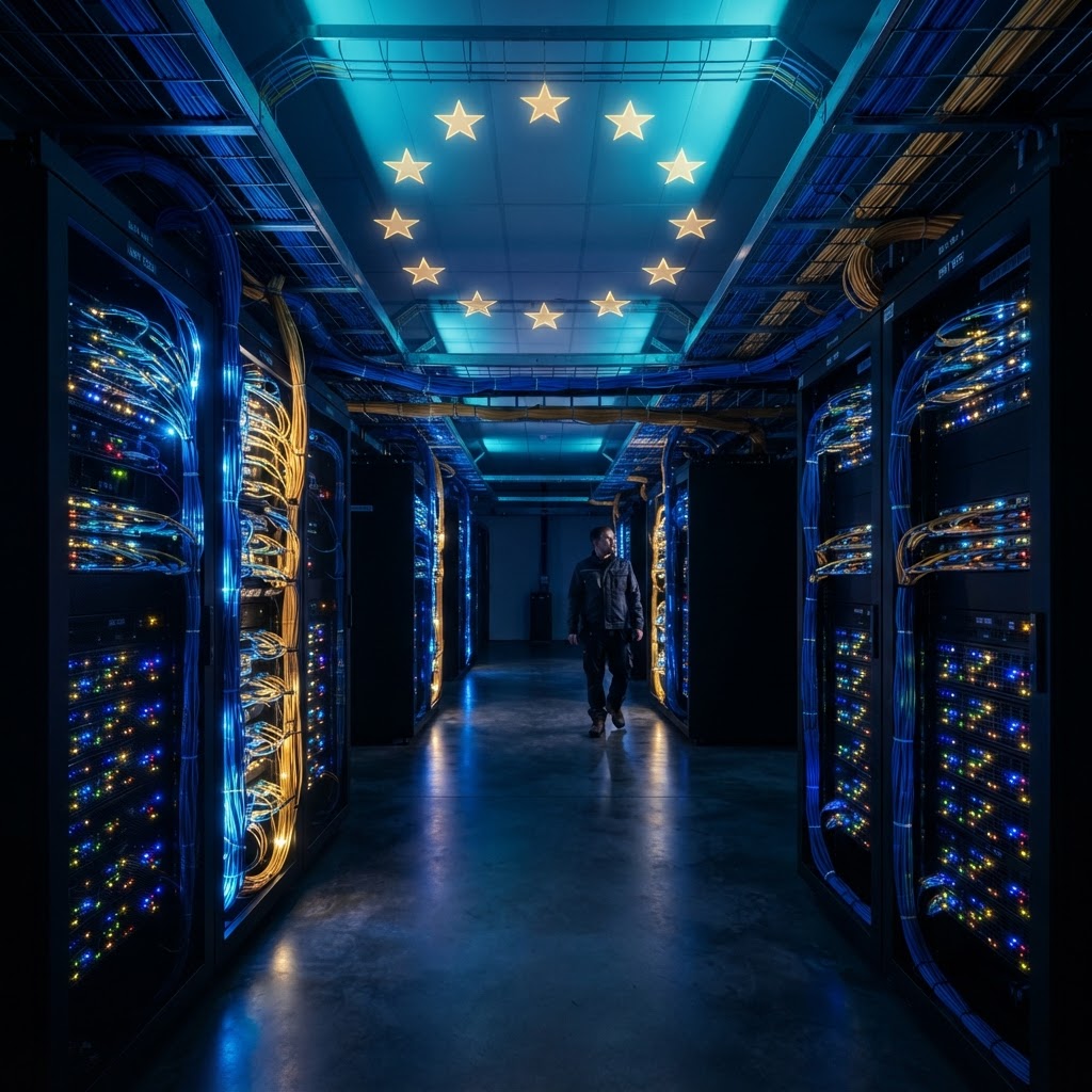 Hochsicheres europäisches Rechenzentrum, das On-Premise Hosting von KI-Modellen darstellt.