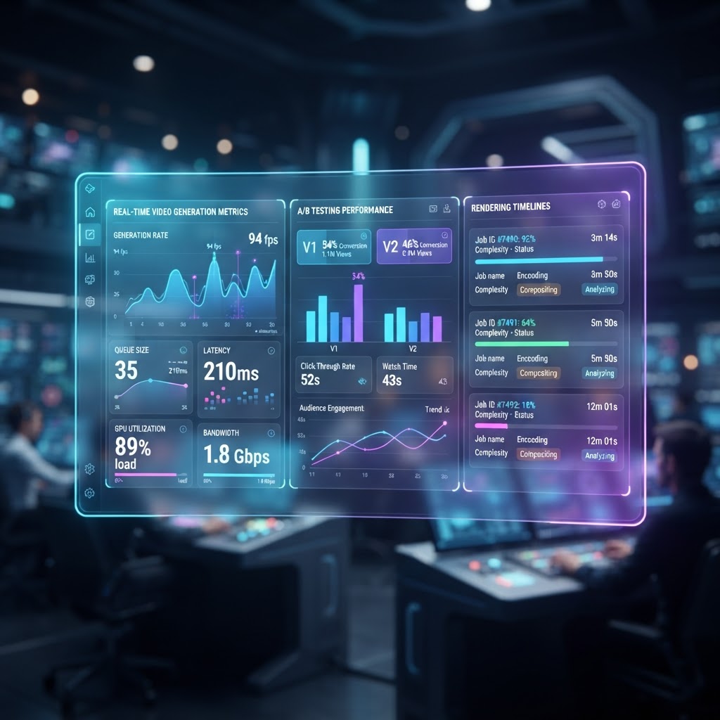 Futuristisches Dashboard zur Steuerung und Analyse von Echtzeit-KI-Videoanzeigen im Marketing