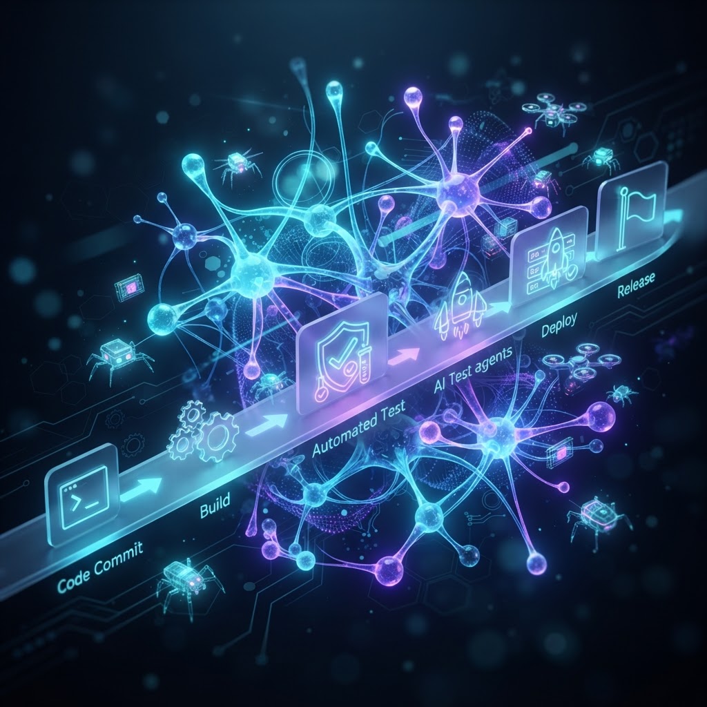 Abstrakte 3D-Darstellung eines neuronalen Netzwerks, das Testfälle direkt in eine CI/CD-Pipeline injiziert.