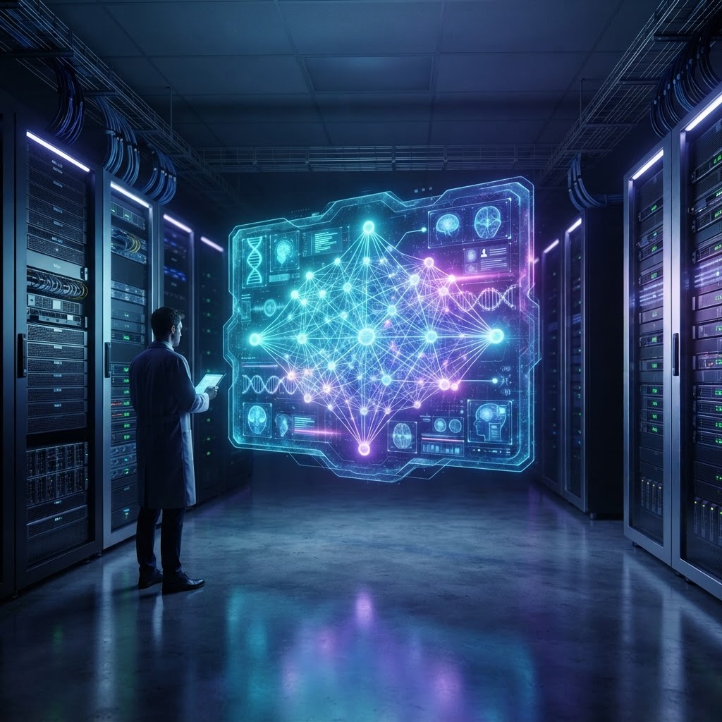 Futuristischer Serverraum in einer Klinik mit einem Hologramm eines verarbeitenden neuronalen Netzwerks
