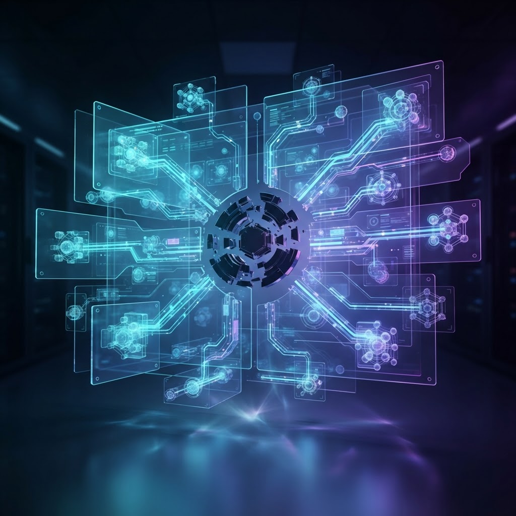 Holografisches Architekturdiagramm für dezentrales und sicheres KI-Hosting in Europa