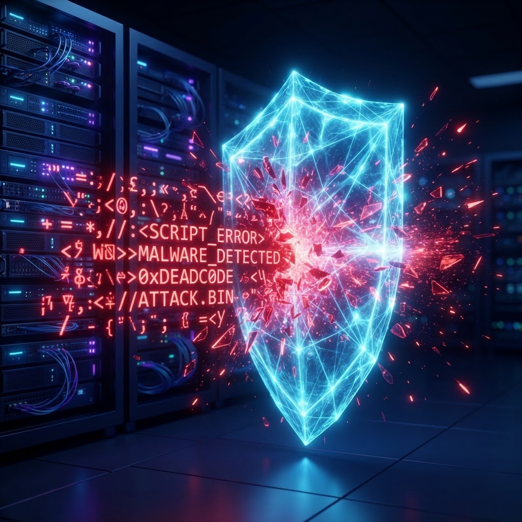 Roter bösartiger Code wird von einer blauen digitalen Sicherheitsbarriere blockiert.