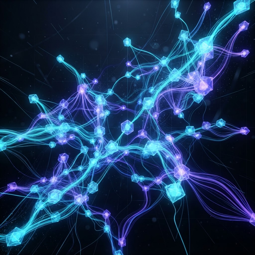 Visualisierung eines Netzwerks autonomer KI-Agenten, die als hochgradig vernetzter Schwarm zusammenarbeiten.