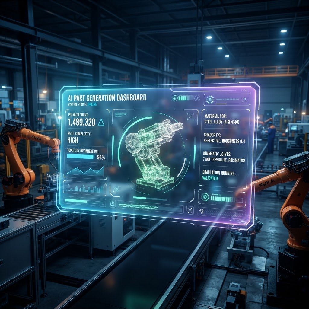 Holografisches Industrie-Dashboard, das die Echtzeit-Generierung von 3D-Bauteilen und deren technische Metriken in einer Fabrikumgebung visualisiert.