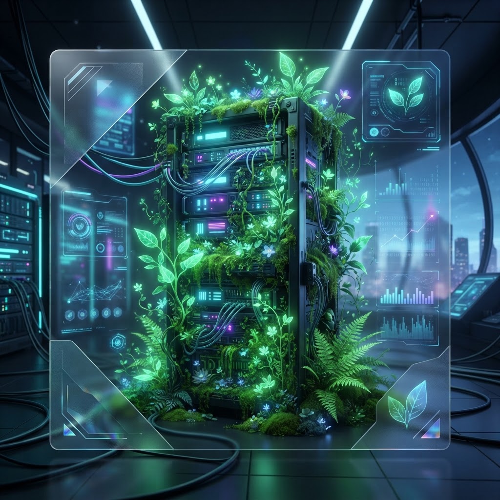 Server-Rack umrankt von leuchtenden grünen Pflanzen als Symbol für Green AI und nachhaltige Rechenzentren.
