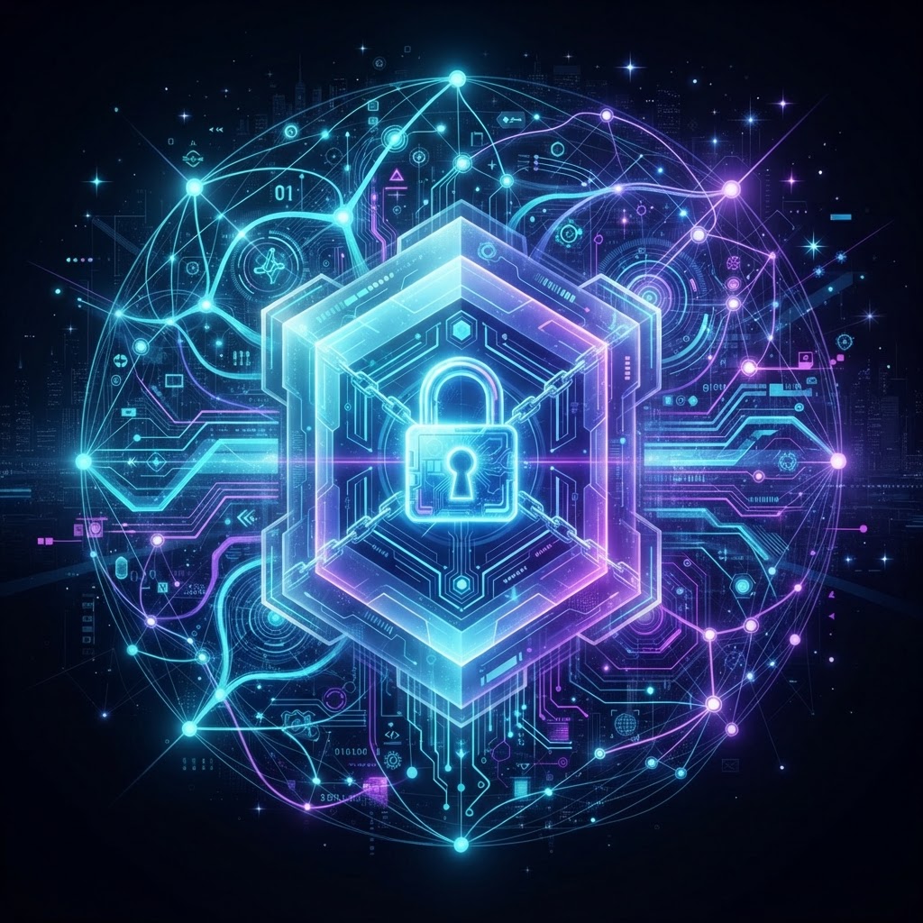 Abstrakte Darstellung eines sicheren digitalen Tresors innerhalb eines neuronalen Netzwerks für Enterprise-KI.