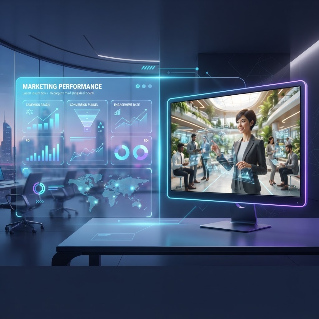 Marketing-Dashboard und KI-generiertes Video auf einem Monitor im modernen Büro.