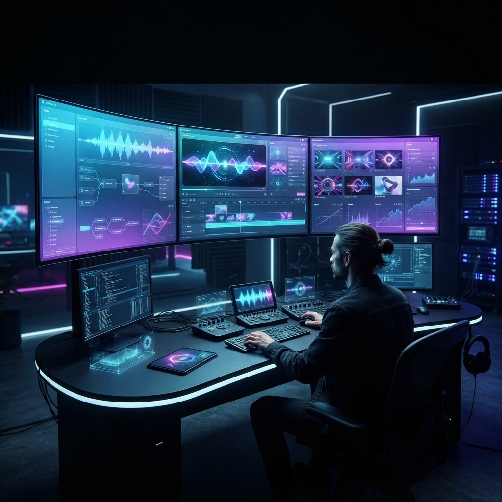 Modernes KI-Videoproduktions-Setup mit mehreren Monitoren