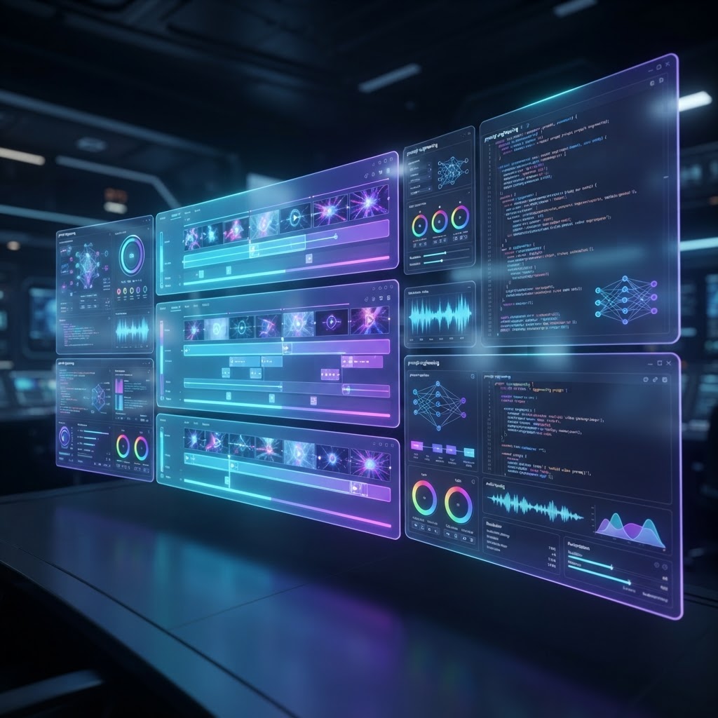 Ein futuristisches Dashboard, das Code und Videobearbeitungs-Timelines für KI-Generierung zeigt.