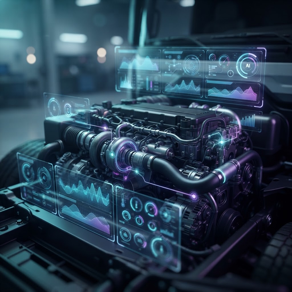 Holografisches Overlay über einem Lkw-Motor, das KI-gestützte Predictive-Maintenance-Daten in Echtzeit anzeigt