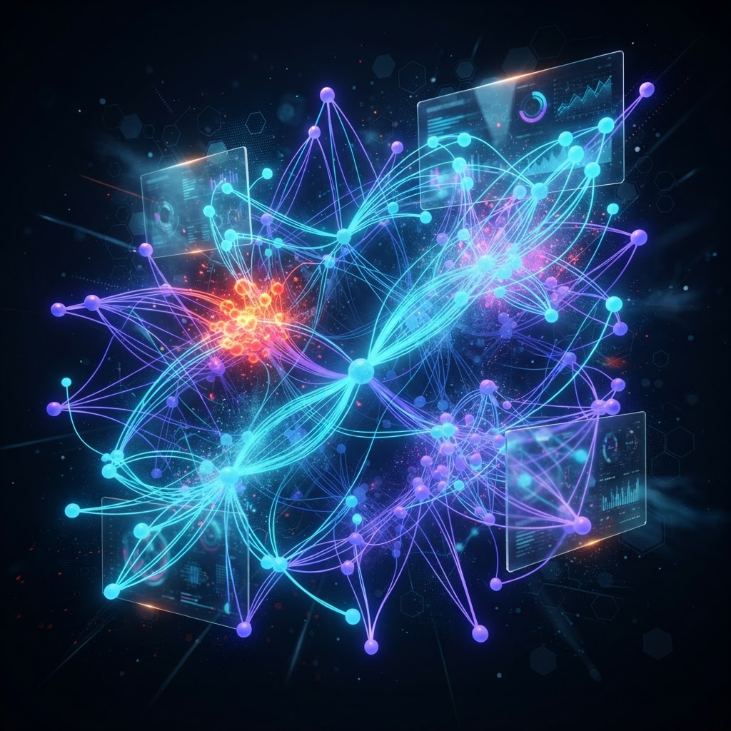 Abstrakte Visualisierung eines neuronalen Netzwerks zur Echtzeit-Betrugserkennung im Finanzsektor