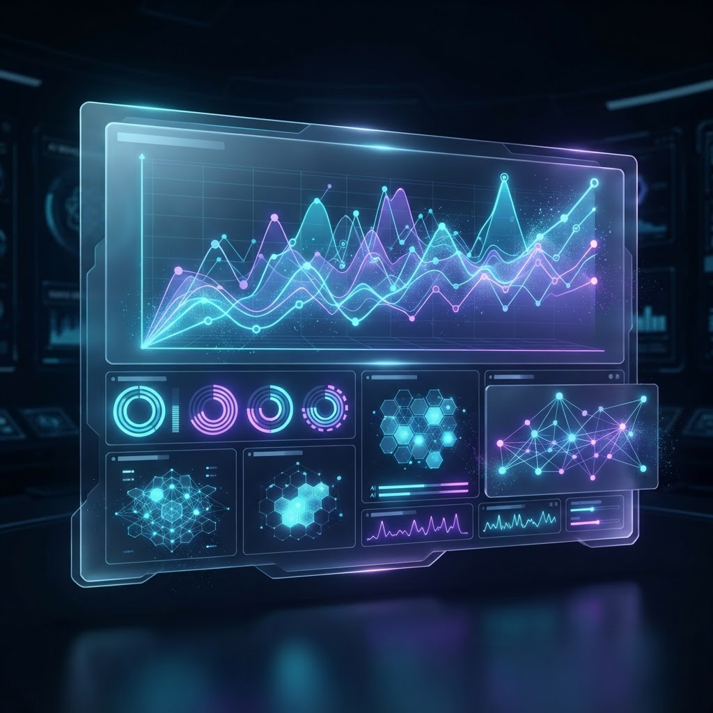 Holographisches Dashboard mit KI-Benchmark-Vergleichen zwischen Llama 4 und proprietären Modellen wie GPT-4o