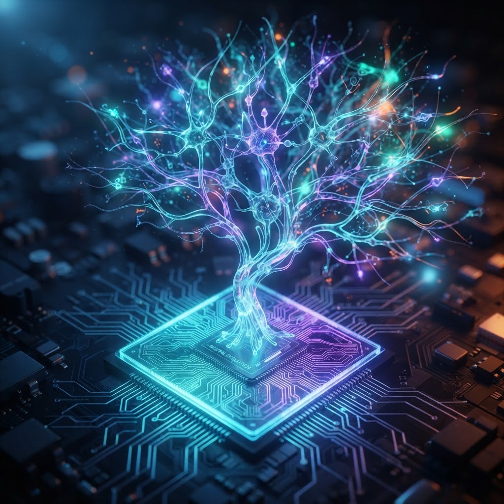 Ein leuchtender Mikrochip, der sich in eine neuronale Baumstruktur verwandelt, als Symbol für die Evolution der KI-Agenten.