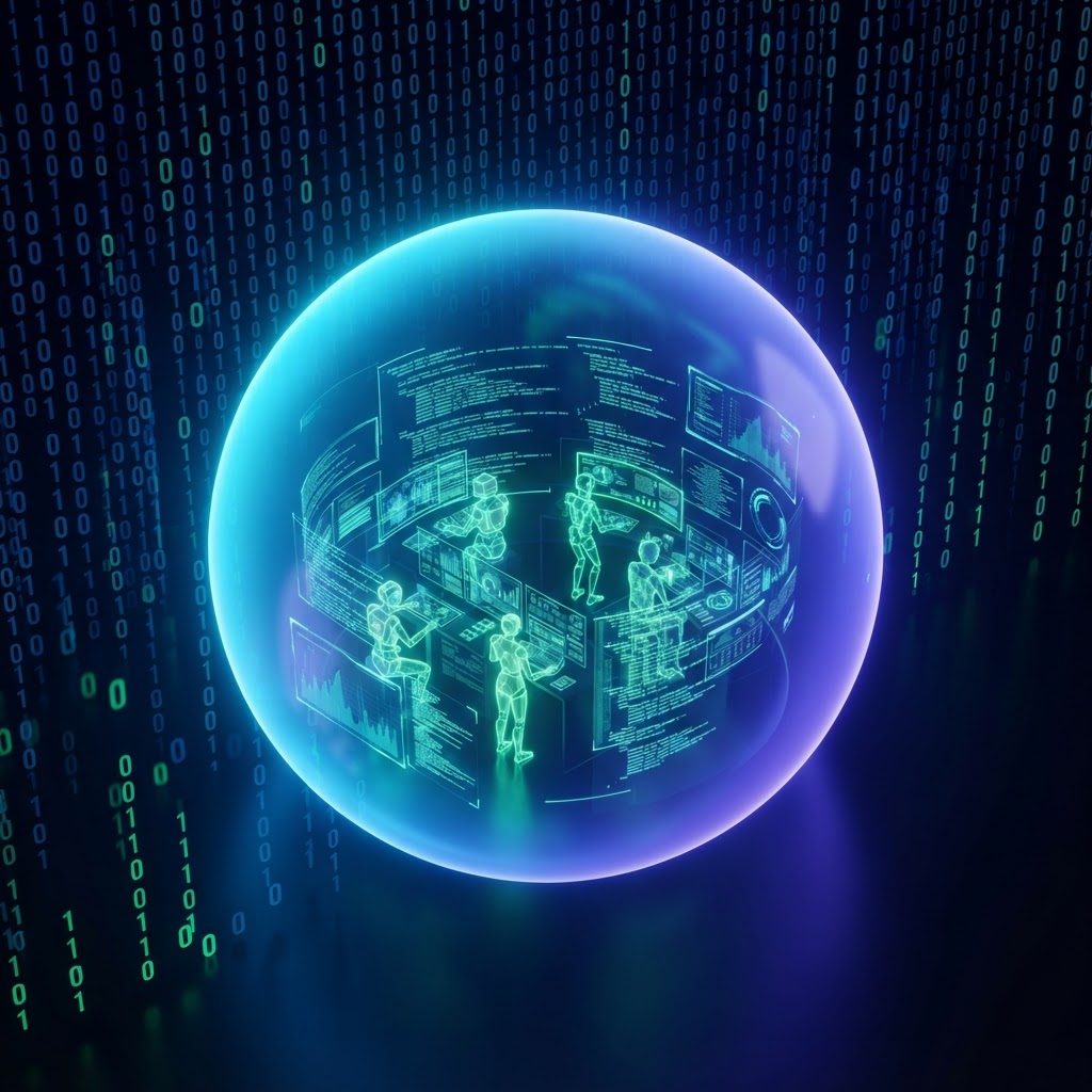 Konzeptuelle Darstellung einer isolierten Sandbox-Umgebung für die sichere Ausführung von KI-Agenten.
