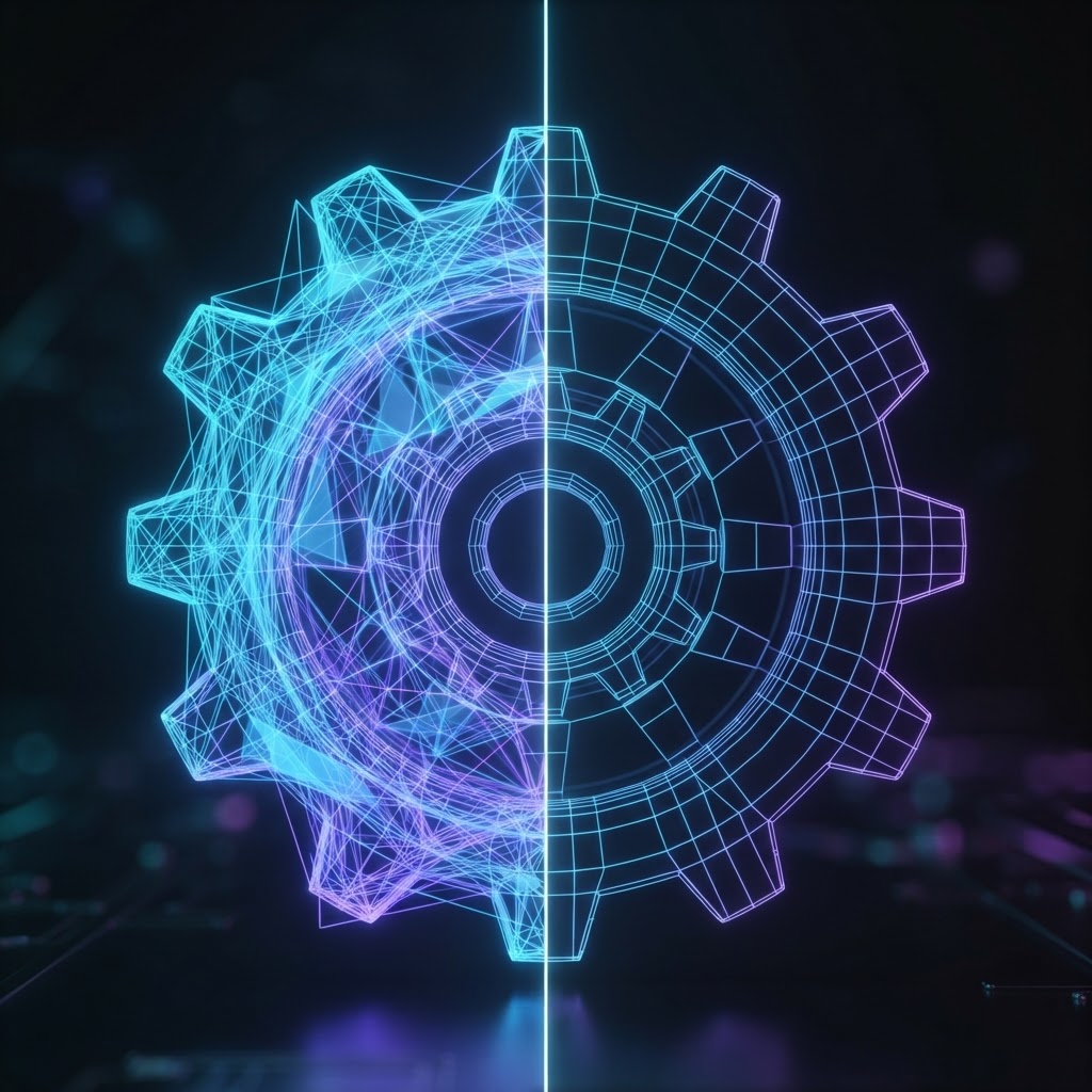 Vergleich zwischen chaotischer Polygon-Struktur und sauberer, simulationsbereiter Quad-Topologie an einem mechanischen Bauteil.
