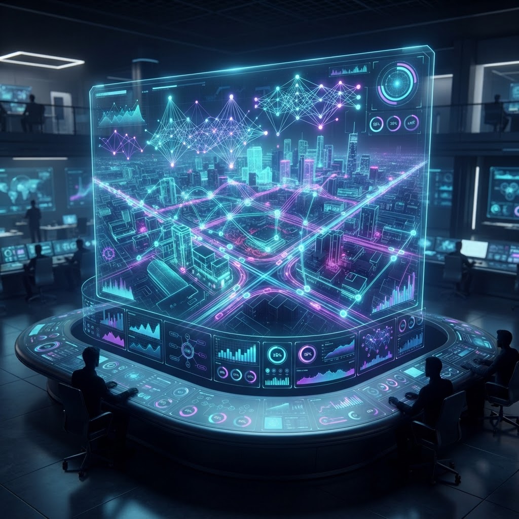 Holografisches Dashboard in einer Smart-City-Leitstelle, das KI-Verkehrsanalysen und neuronale Netze visualisiert.